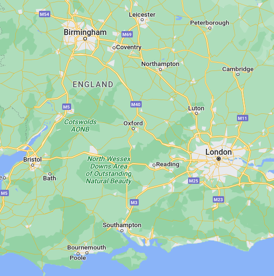 An image from Google maps of the major cities and roads of England